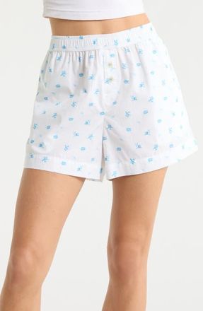 Open Edit Oversize Boyfriend Boxer Shorts in White- Blue Sabrina Ditsy at Nordstrom, Size X-Small