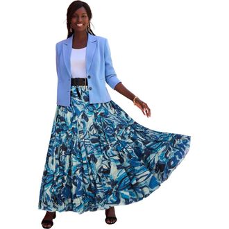 Jessica London Petite Flowing Crinkled Maxi Skirt in Blue Floral Watercolor at Nordstrom, Size 36