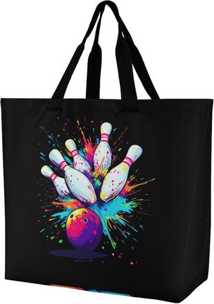 Generic Bowling Ball Colorful Large Reusable Shopping Bag Lightweight Foldable Tote Bags Washable Shoulder Handbag