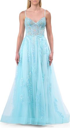 La Femme A-line Prom Dress with Beaded Floral Applique and Corset Top in Light Blue at Nordstrom, Size 12