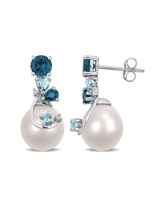 Rina Limor Silver 1.98 Ct. Tw. Diamond & London Blue Topaz 9-10Mm Pearl Earrings