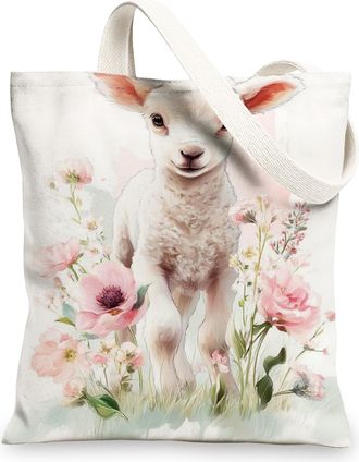 Generic Floral Canvas Tote Bag, Pastoral Reusable Shoulder Bags, Lightweight Linen Shopping Bag, White, 13x15 Inch