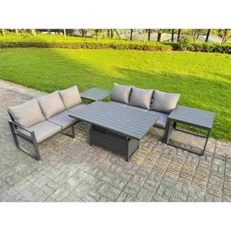 Fimous Aluminum 5-Piece Sofa Set with Lifting Table, Cushions & 2 Side Tables in Dark Grey