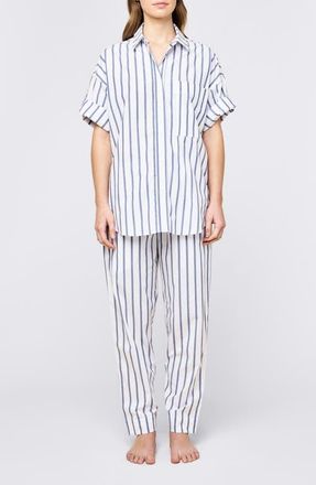 Papinelle Sleepwear Tyler Cotton Poplin Pajamas in White Navy Stripe at Nordstrom, Size Xx-Large