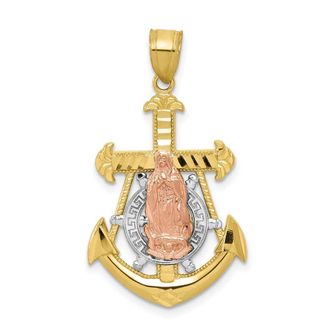 Diamond2Deal 10k Two-tone Rhodium Mariner Blessed Mother Pendant