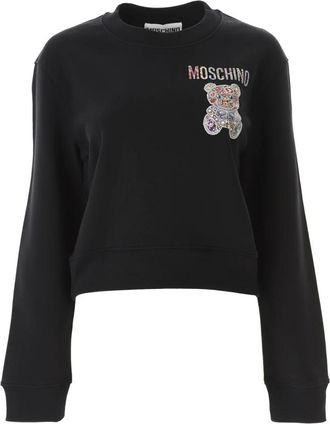 Moschino Sweatshirts, female, Black, Size: XS Cropped Teddy Jewel Sweatshirt