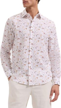 Bugatchi Julian Shaped Fit Leaf Print Cotton Seersucker Button-Up Shirt in White at Nordstrom, Size Xxx-Large