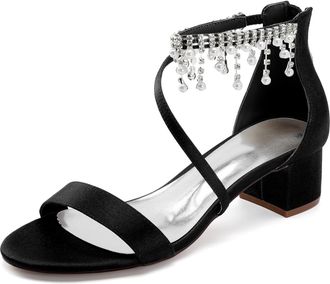 Generic Bridal Wedding Shoes Womens Chunky Heels Sandals Low Heel Satin Bridal Shoes for/Engagement/Evening/Prom 4.5Cm,Black,10 UK