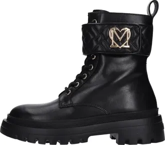 Love Moschino Lederen enkellaarzen - Dames - Veterlaarzen - Zwart - 41 EU - Leer - Schoenen