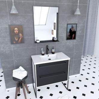 Aurlane Aurlane - Pack Mueble De Ba&ntilde;o 80x50 Blanco 2 Cajones + Lavabo De Resina Blanco + Espejo Negro Mate