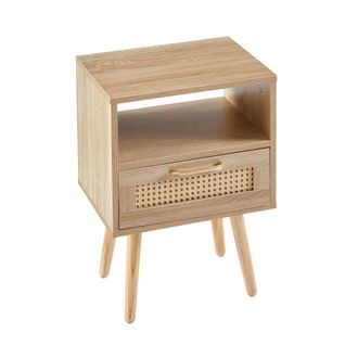 Urban Meuble Mesita de noche de rat&aacute;n con caj&oacute;n, patas de madera maciza, 40x30x55cm