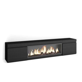 Skraut Home Mueble tv efecto madera negro 208x35x45cm chimenea efecto fuego