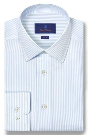 David Donahue Trim Fit Stripe Cotton & Silk Herringbone Dress Shirt in White/Sky at Nordstrom, Size 16.5 - 34