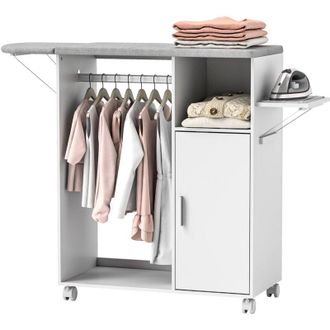 HOMCOM Mueble De Planchar De Madera Mueble De Planchado Con Ruedas Barra Para Colgar Ropa Estante Abierto Y Tablero Plegable Para Dormitorio 127x42,5x99 Cm