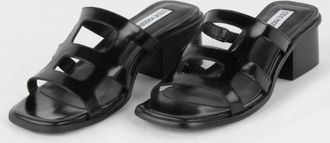Steve Madden Princess Sandals Womens Black Leather Slip-On Block Heel JZZ1146
