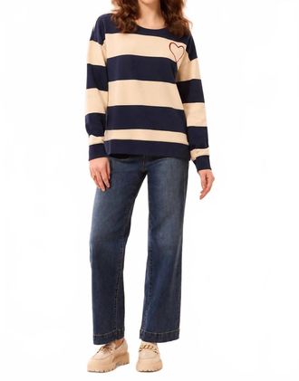 Tribal Womens Embroidered Heart Drop Shoulder Cotton Pullover In Jet Blue