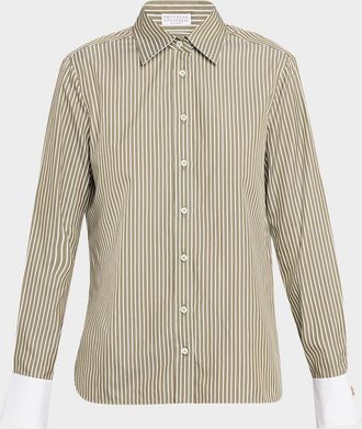 Brunello Cucinelli Pinstripe Cotton-Silk Button-Front Blouse