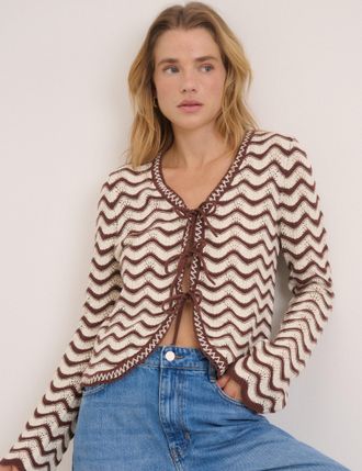 Nobody's Child Cream and Brown Pointelle Knit Cardigan