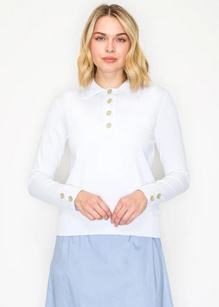 YAL New York White Polo Sweater with Gold Button Detail