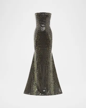 Alex Perry Strapless Leopard-Print Sequined Longline Trumpet Gown