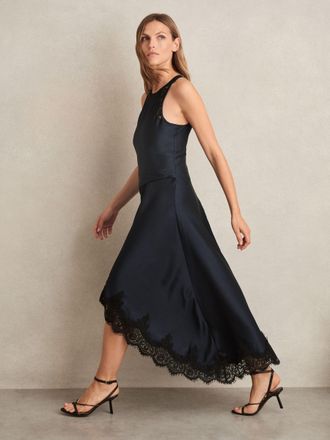 Reiss Womens Navy Blue & Black Satin Lace Trim Petite Drape Midi Dress, Size: 10