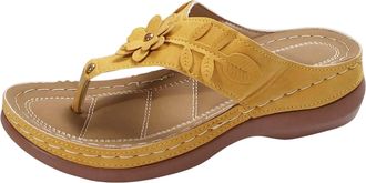 Generic Women Comfy Sandals Vegan Leather Beach Flip Flops for Women Flower Decoration Slippers With Arch Support Soft Breathable Insole Wedge Sandal (Yellow,