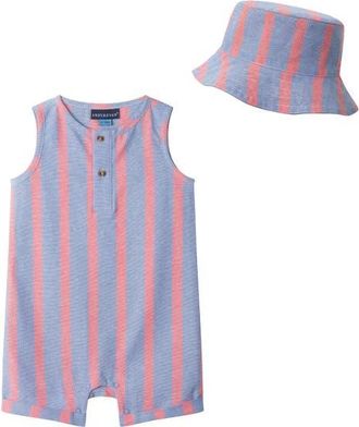 Andy & Evan Cotton Seersucker Romper & Hat Set in Blue Orange at Nordstrom, Size 12-18M