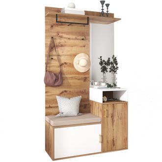 STILVORA Mobile Ingresso Con Specchio, Panca E Scarpiera Con 2 Scomparti, 4 Ganci E Barra, In Mdf, Bianco E Legno, 105&times;40&times;190,5 Cm