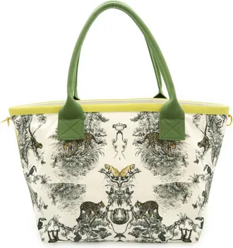 Herm&egrave;s Petit H Green White Yellow Canvas Leather Shoulder Bag Tote Bag (Pre-Owned)