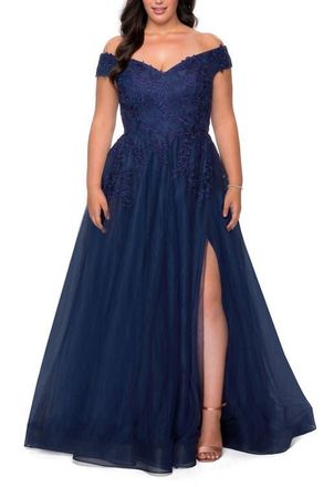 La Femme Off The Shoulder Tulle Plus Size Gown with Lace in Navy at Nordstrom, Size 22W