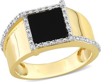 Mimi & Max 6ct TGW Square Black Onyx and 1/10ct TDW Diamond Mens Ring in 10k Yellow Gold