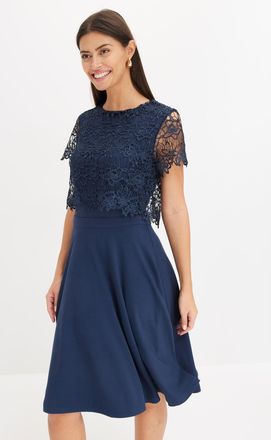 Bonprix Midikleid BONPRIX, Damen, Gr. 32, N-Gr, dunkelblau, Obermaterial: 70% Viskose, 25% Polyester, 5% Elasthan. Spitze: 100% Polyester, festlich, ausgestel