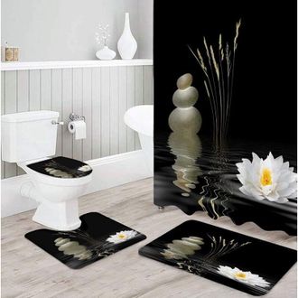 OEM Juego De Ba&ntilde;o De 4 Piezas: Cortina De Ducha Impermeable De 180x180 Cm + Alfombrilla De Ducha Antideslizante, Color Negro. Juego De Ducha Zen