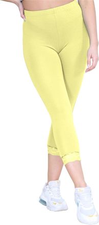 Janisramone Womens Ladies New Lace Trim Plain 3/4 Length Leggings Gym Stretch Capri Cropped Jogging Pants Yellow