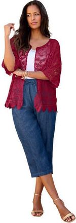 Roaman's Plus Size Scallop Trim Crochet Cardigan in Rich Burgundy at Nordstrom, Size Medium
