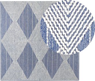 Beliani Alfombra De Lana Beige Claro Azul 200 X 200 Cm Hecho A Mano Geom&eacute;trico Datca