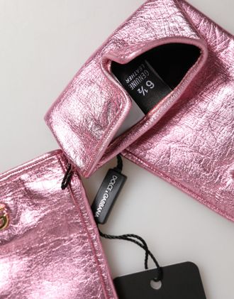 Dolce & Gabbana Pink Leather DG Logo Wrist Length Mitten Womens Gloves