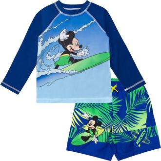 Disney Mickey Mouse Swimwear 2-Piece Rash Guard and Swim Trunks Set in Mickey Tropical Navy at Nordstrom, Size 18M