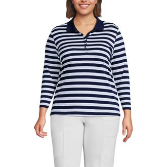 Lands End 3/4 Sleeve Supima Cotton Polo Shirt in Deep Sea/blue Multi Stripe at Nordstrom, Size 1 X
