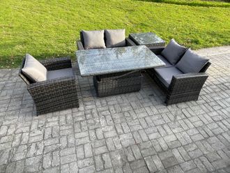 Fimous 5pcs Rattan Outdoor Garden Furniture Set Height Adjustable Rising Lifting Table Sofa Dining Set with Side Table Dark Grey Mixed