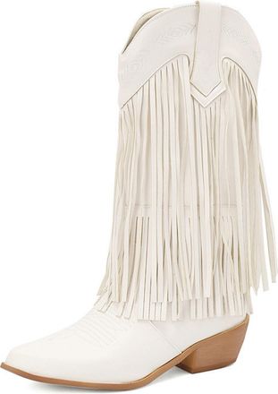Generic Womens Western Cowboy Boots Knee-High Fringe Decor Geometric Embroidery Pointed Toe Low Chunky Heel Stylish Casual Party Country Music Festival Outfit