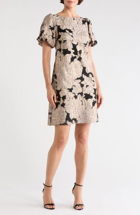 Connected Lurex Jacquard Puff Sleeve Shift Dress in Black/Taupe at Nordstrom Rack, Size 12