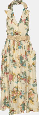 Zimmermann Multicolor Printed Linen Halter Neck Shirt Dress