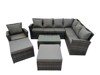 Fimous 9 Seater Garden Sofa Coffee Table Set with Chair 2 Big Footstools in Dark Grey