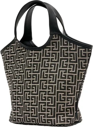 Balmain Womens Monogram Jacquard Leather Top Handle Bag Black Calfskin