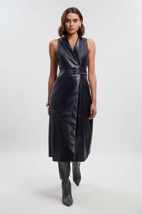 Karen Millen Womens Faux Leather Belted Sleeveless Dress - Navy Nylon - Size 10 UK