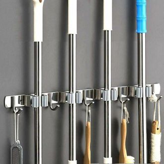 OEM Soporte De Pared Para Escobas - Estante De Acero Inoxidable Para Escobas - Colgador De Almacenamiento Para Cocina, Garaje, Lavadero - 4 Ranuras Y 5 Ga