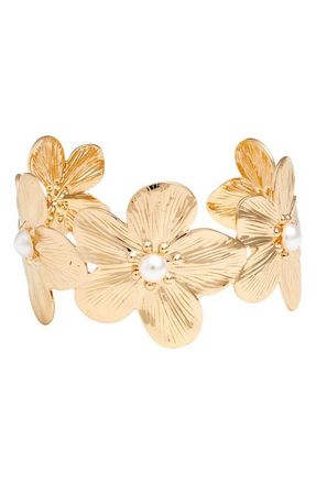 Nordstrom Faux Pearl Floral Cuff Bracelet in White- Gold at Nordstrom