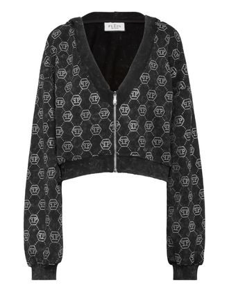 Philipp Plein Washed Zip Hoodie Monogram Crystal