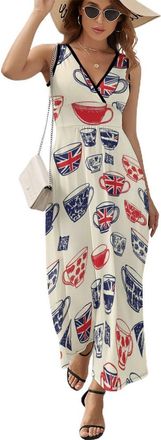 Generic British Flag Teacups Casual Sleeveless Maxi Dresses for Women V Neck Flowy Sundresses Beach Vacation